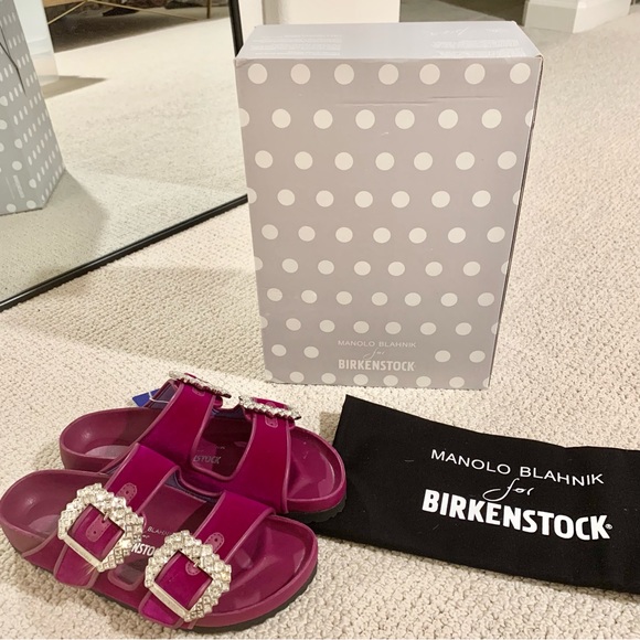 Fuchsia Pink Purple Arizona Crystal Buckle Velvet 2-Band Sandals - Picture 3 of 13